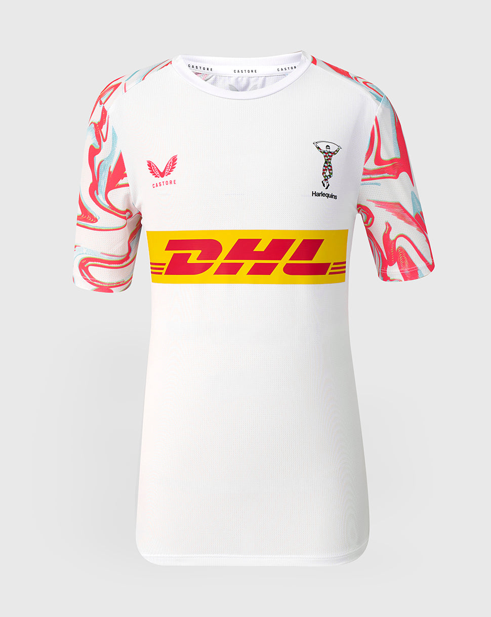 Harlequins Junior matchday T shirt in white with colorful marbled sleeves and a bold DHL sponsor band across the chest, Harlequins crest on the front.
