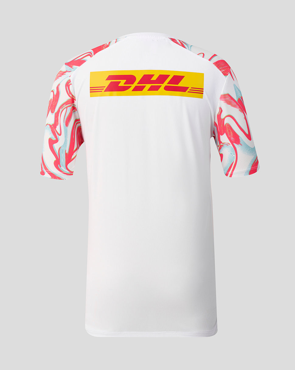 Back view of Harlequins Junior matchday T shirt showing large DHL logo across the upper back.