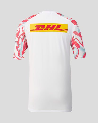 Back view of Harlequins Junior matchday T shirt showing large DHL logo across the upper back.