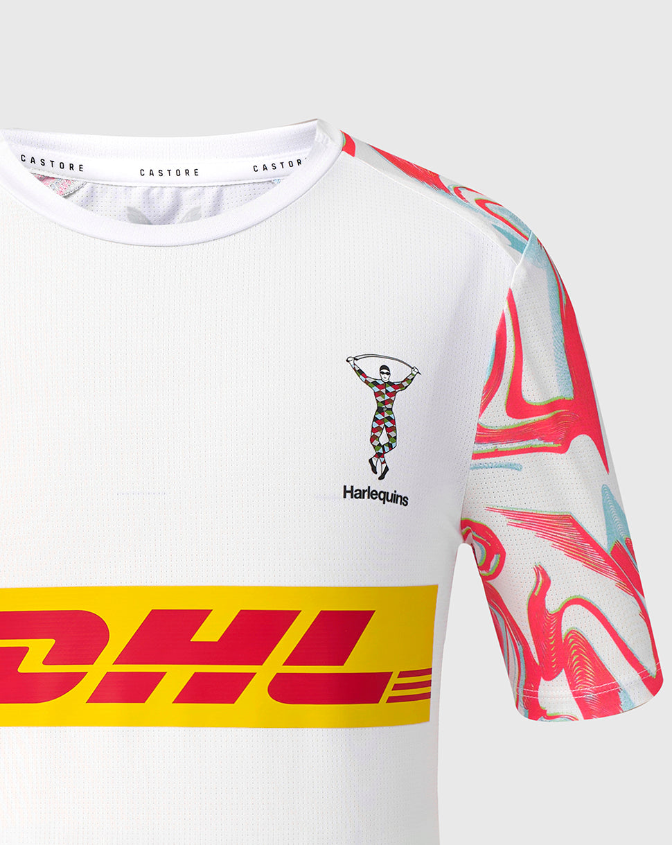 Harlequins junior matchday T-shirt white with crest on chest, bold DHL sponsor stripe, and colorful shoulder graphics.