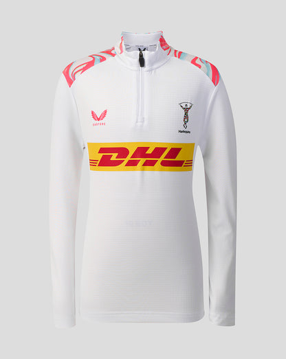Front view of Harlequins Junior 2026/27 Matchday Quarter Zip Top in white with DHL stripe and crest