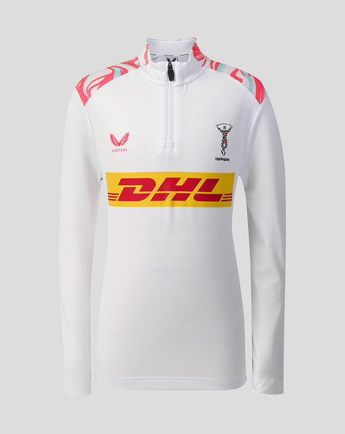 Front view of Harlequins Junior 2026/27 Matchday Quarter Zip Top in white with DHL stripe and crest