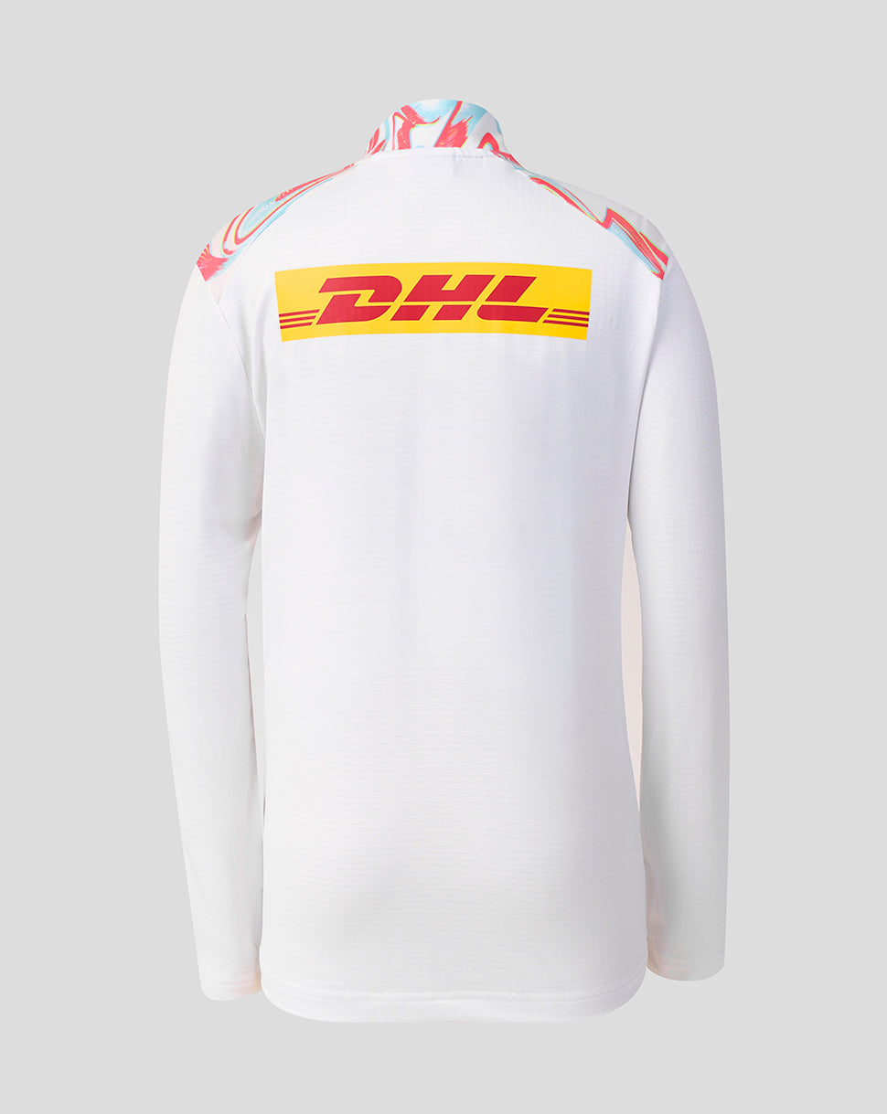 Back view of Harlequins Junior Matchday Quarter Zip Top showing the large DHL logo across the back