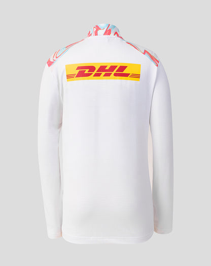 Back view of Harlequins Junior Matchday Quarter Zip Top showing the large DHL logo across the back