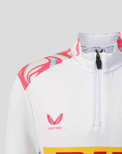 Close-up of shoulder and zipper area highlighting colorful shoulder graphics on the Harlequins quarter zip