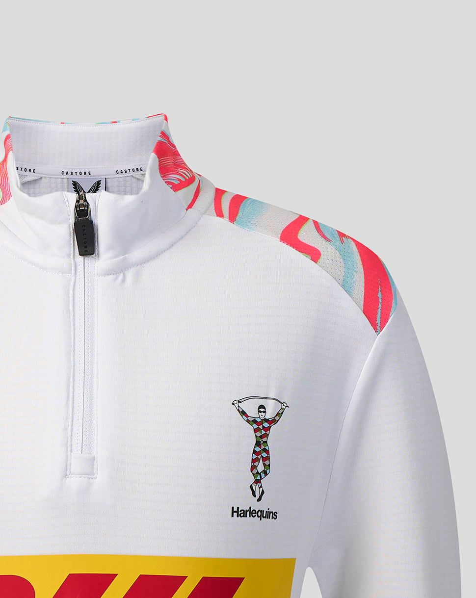 Harlequins junior matchday white quarter zip with crest on chest and colorful shoulder panels