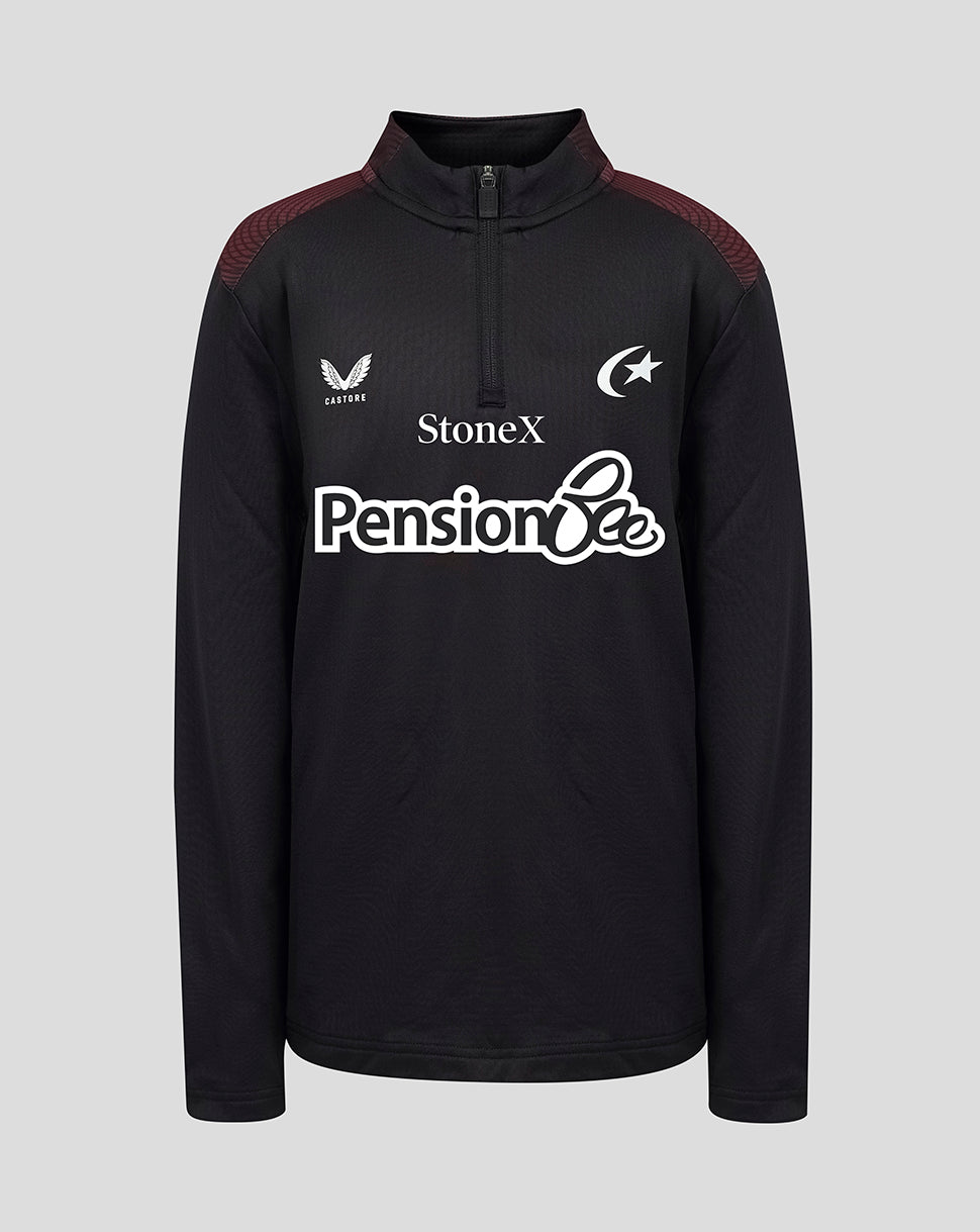 A black long-sleeve quarter-zip pullover with white printed sponsor logos (StoneX, Pension Bee) and team crests on the chest, and dark red shoulder panels, shown against a solid gray background.