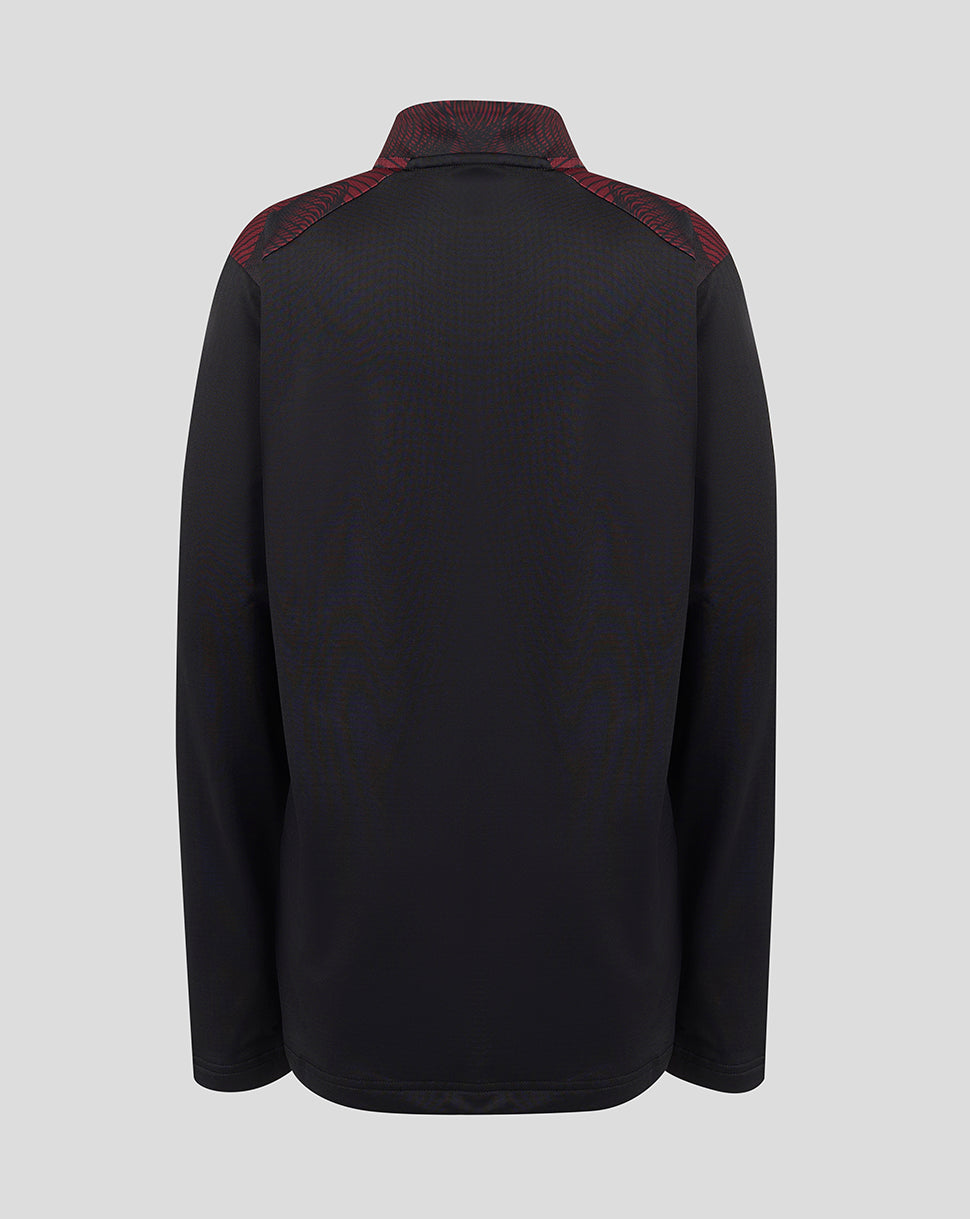 A black long-sleeve athletic top shown from the back, featuring textured knit fabric and contrasting dark red patterned shoulder panels and collar, set against a solid light gray background.