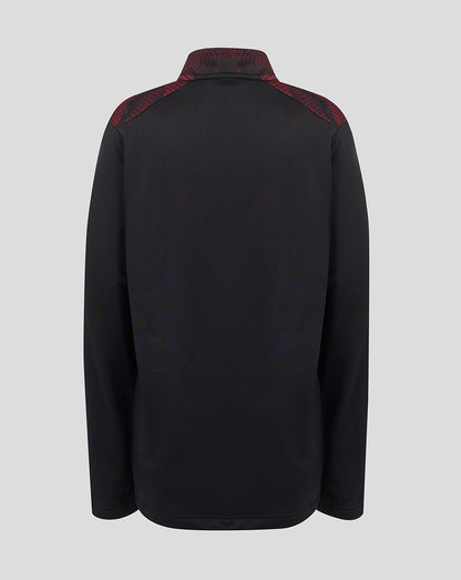 A black long-sleeve athletic top shown from the back, featuring textured knit fabric and contrasting dark red patterned shoulder panels and collar, set against a solid light gray background.