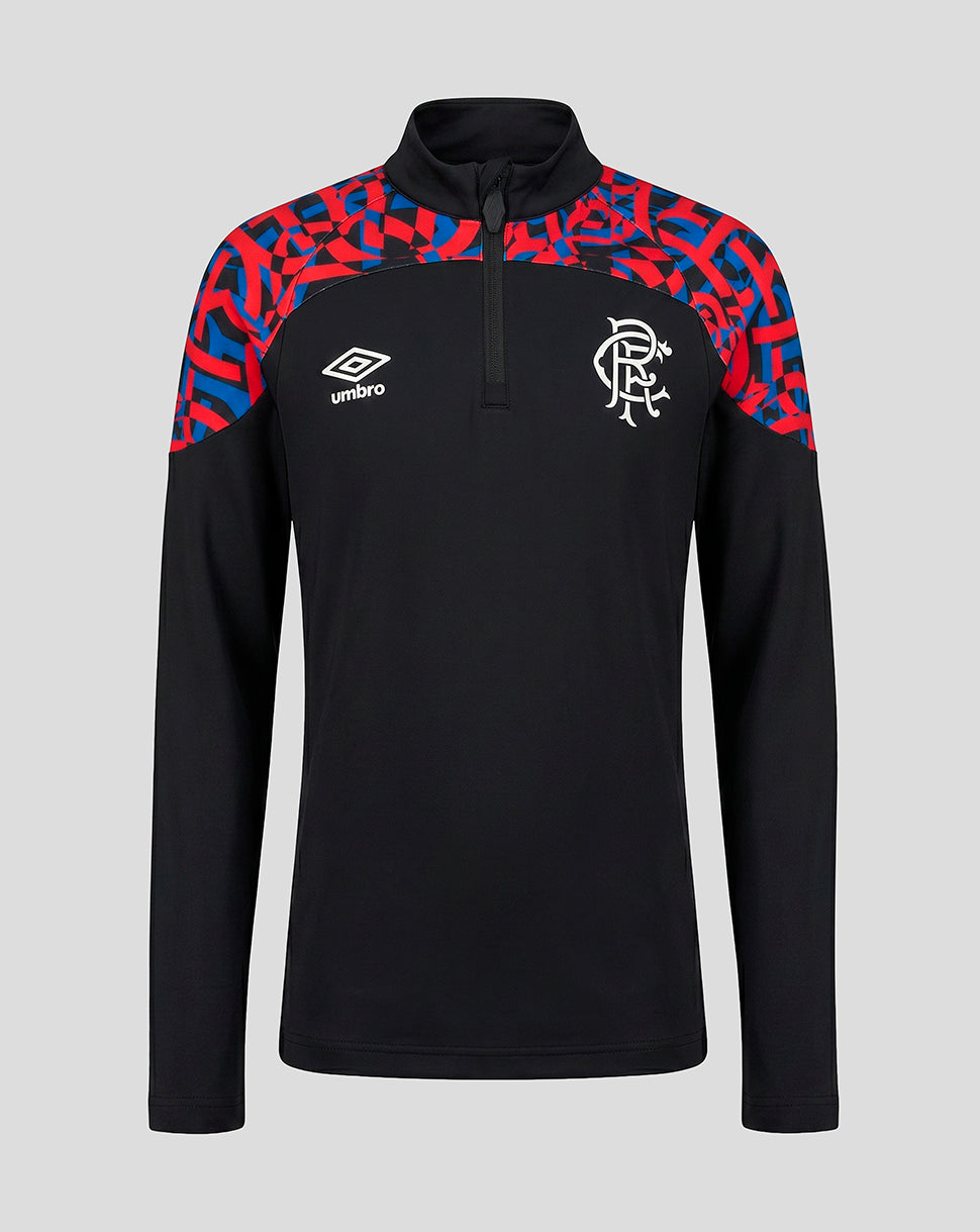 A black long-sleeve quarter-zip pullover with a red and blue patterned yoke, featuring the white Umbro logo on the right chest and the CRF crest on the left chest, shown against a solid gray background.
