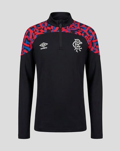 A black long-sleeve quarter-zip pullover with a red and blue patterned yoke, featuring the white Umbro logo on the right chest and the CRF crest on the left chest, shown against a solid gray background.