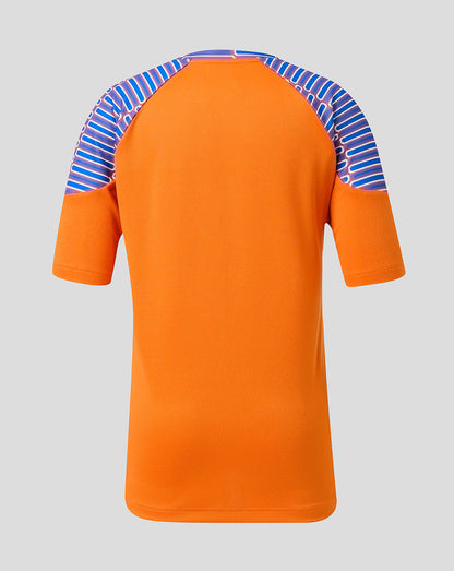 Bright orange short-sleeve raglan t-shirt with blue and white striped shoulder panels, shown from the back on a light gray background.
