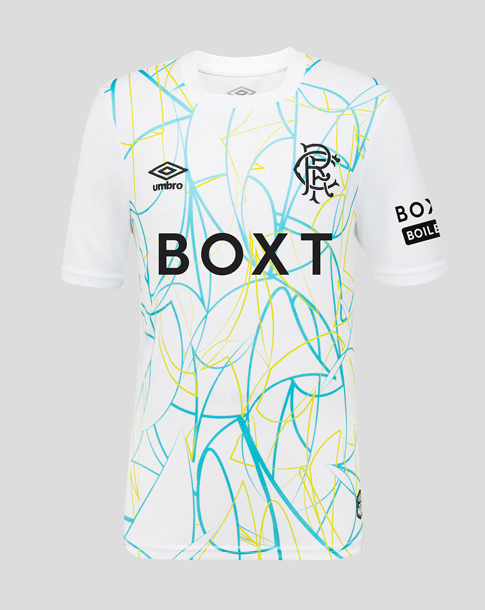 White Rangers FC junior 2026/27 home goalkeeper shirt with blue and yellow abstract lines and the club crest on the chest