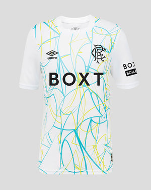 White Rangers FC junior 2026/27 home goalkeeper shirt with blue and yellow abstract lines and the club crest on the chest