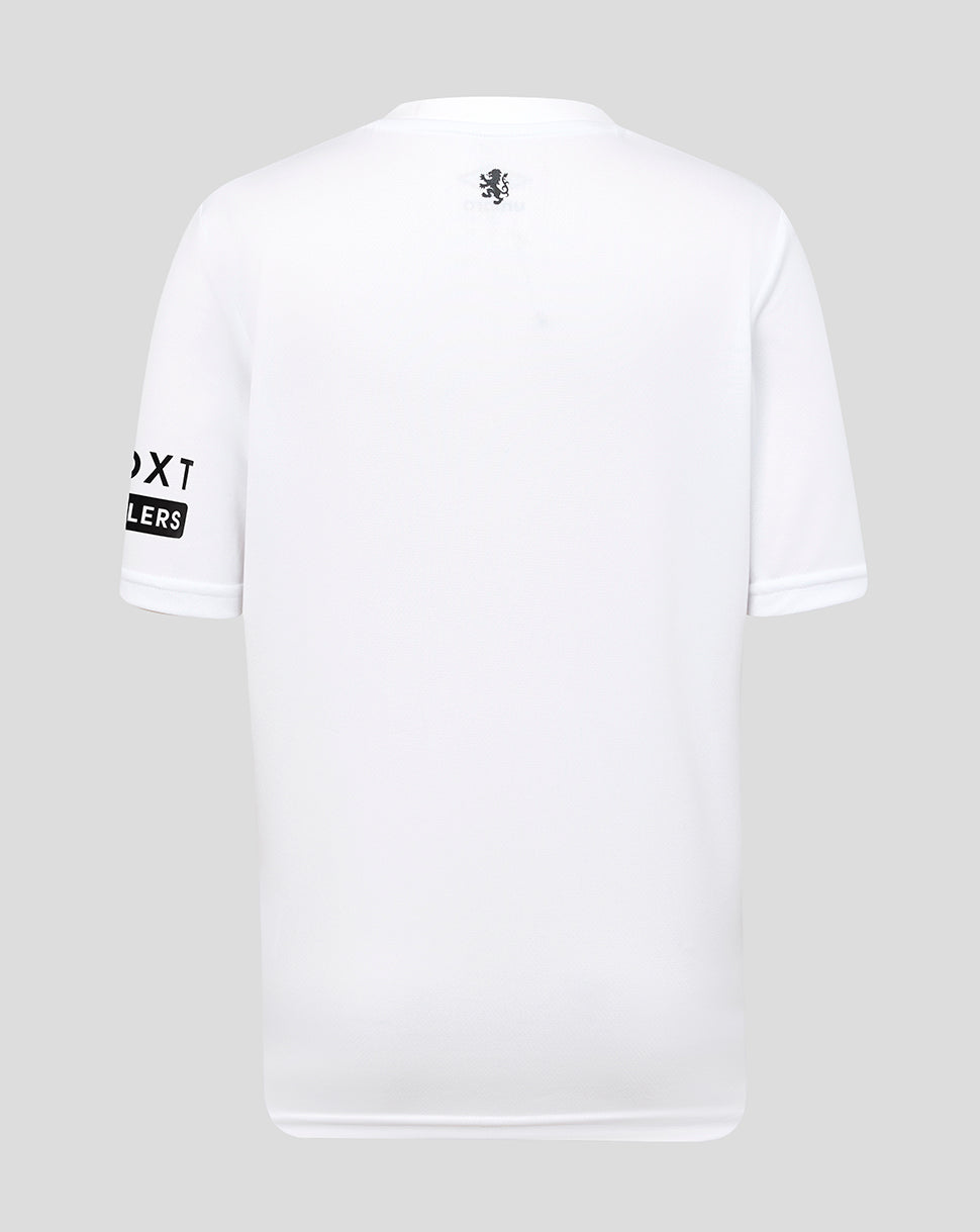 Back view of white Rangers FC training shirt with a small crest at the neckline and short sleeves