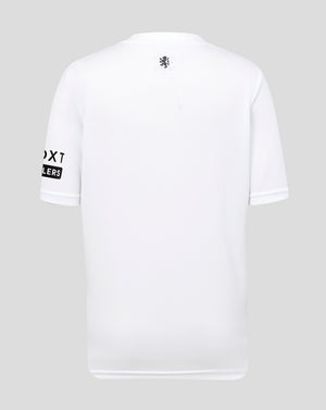 Back view of white Rangers FC training shirt with a small crest at the neckline and short sleeves