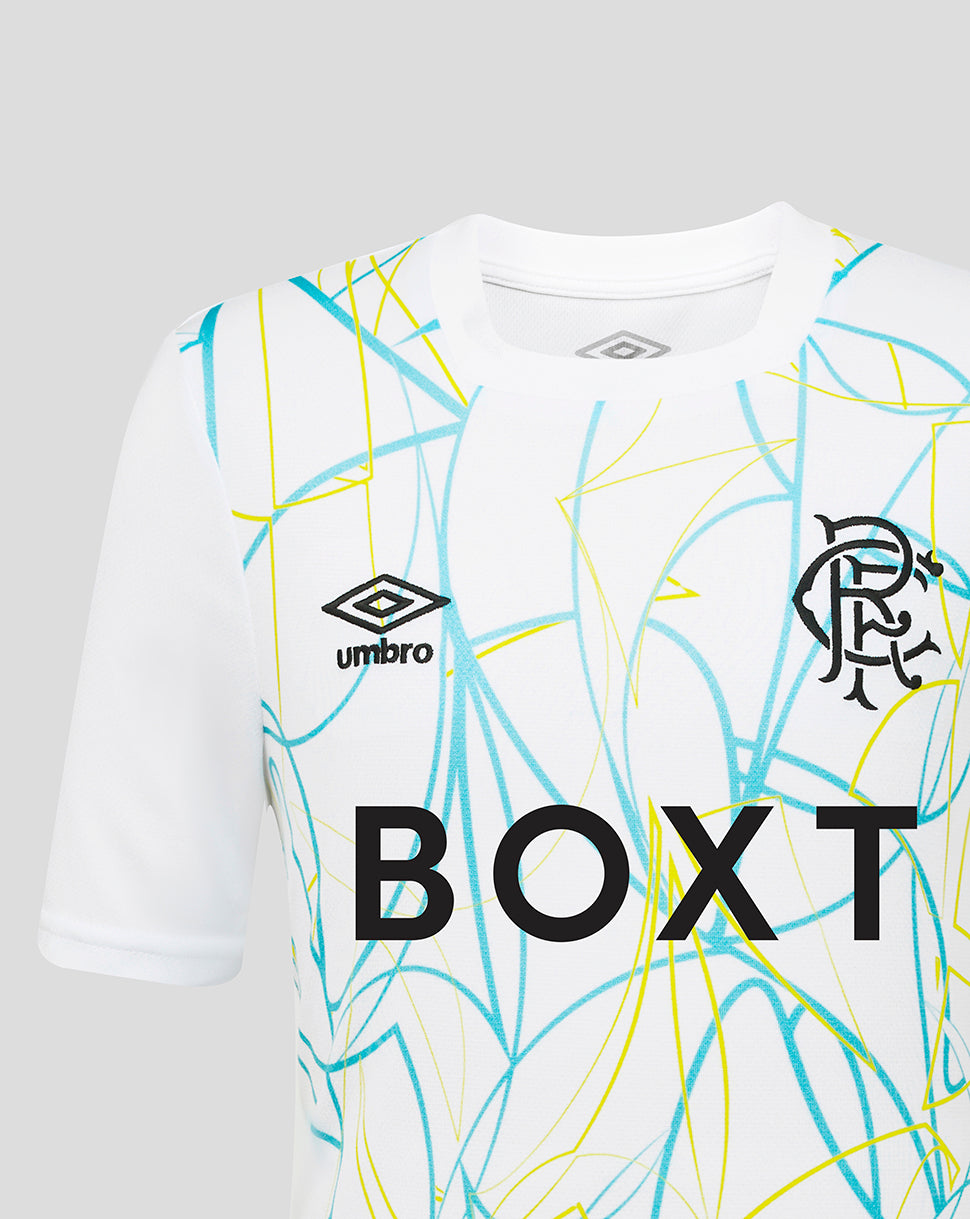 Rangers FC Junior 2026/27 Home Goalkeeper Shirt white with teal and yellow abstract lines and chest crest