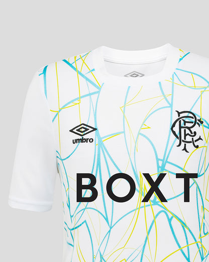 Rangers FC Junior 2026/27 Home Goalkeeper Shirt white with teal and yellow abstract lines and chest crest