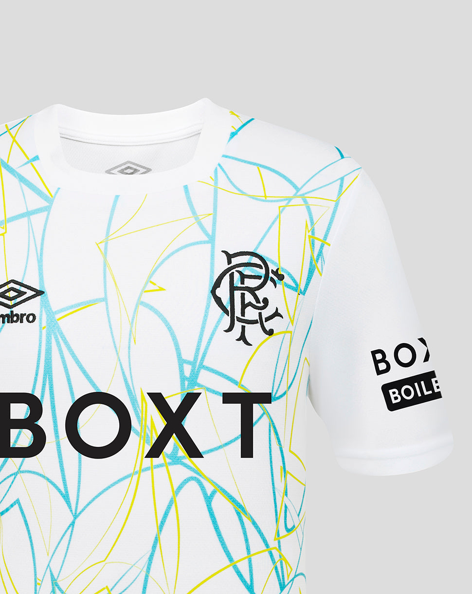 Front view of Rangers FC Junior 2026/27 Home Goalkeeper Shirt with bold BOXT sponsor and team crest