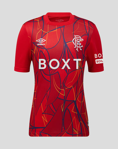 Rangers Junior away goalkeeper shirt in red with abstract blue and yellow lines, large front sponsor text, Umbro logo and Rangers crest.