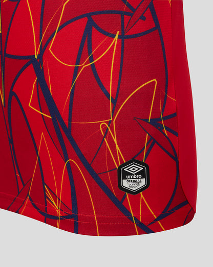 Close-up of red Rangers junior away goalkeeper shirt featuring blue and yellow abstract graphic and Umbro official badge.