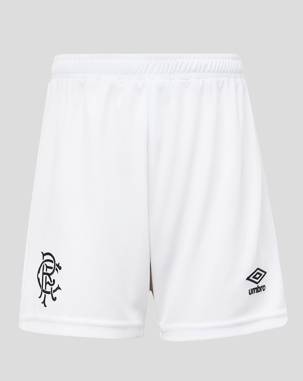 White shorts with a logo and brand name on a gray background