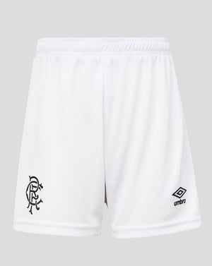 White shorts with a logo and brand name on a gray background