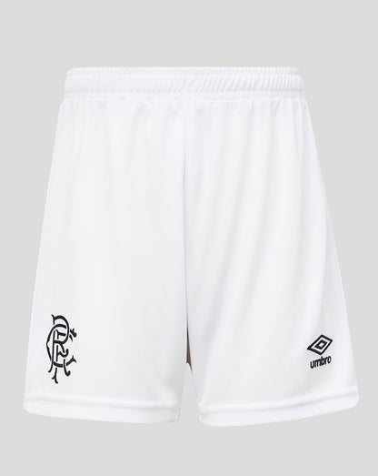 White shorts with a logo and brand name on a gray background