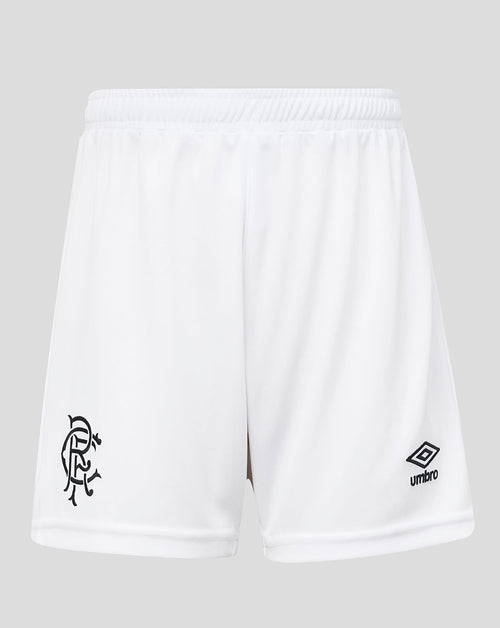 White shorts with a logo and brand name on a gray background