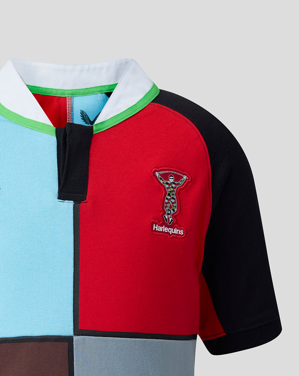 Colorful rugby jersey with Harlequins logo on a light gray background