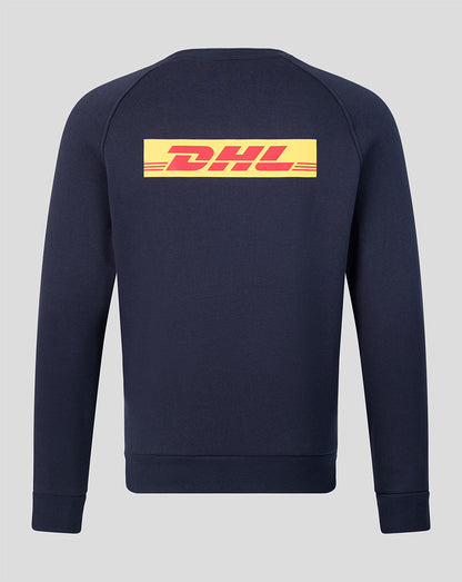 Back view of navy Harlequins travel sweatshirt with a large yellow DHL logo on the back