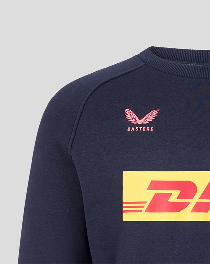 Close up of navy sweatshirt chest area showing pink Castore crest and large DHL logo