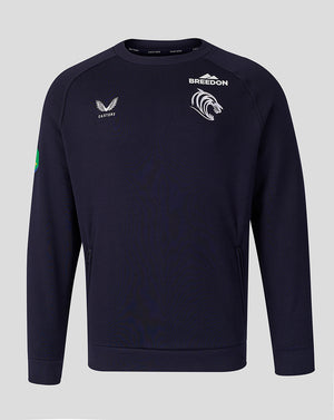 Front view of navy Leicester Tigers Adapt Fleece Travel Sweatshirt with Castore logo and tiger crest