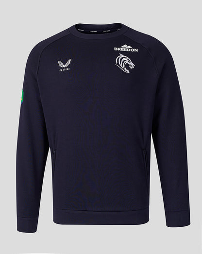 Front view of navy Leicester Tigers Adapt Fleece Travel Sweatshirt with Castore logo and tiger crest