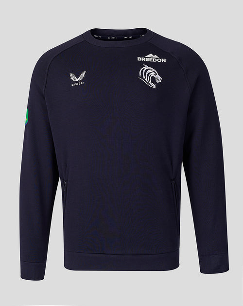 Front view of navy Leicester Tigers Adapt Fleece Travel Sweatshirt with Castore logo and tiger crest