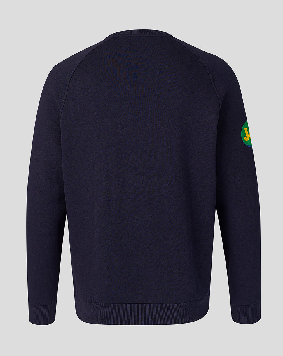 Back view of navy Leicester Tigers Adapt fleece Travel Sweatshirt with ribbed cuffs and hem
