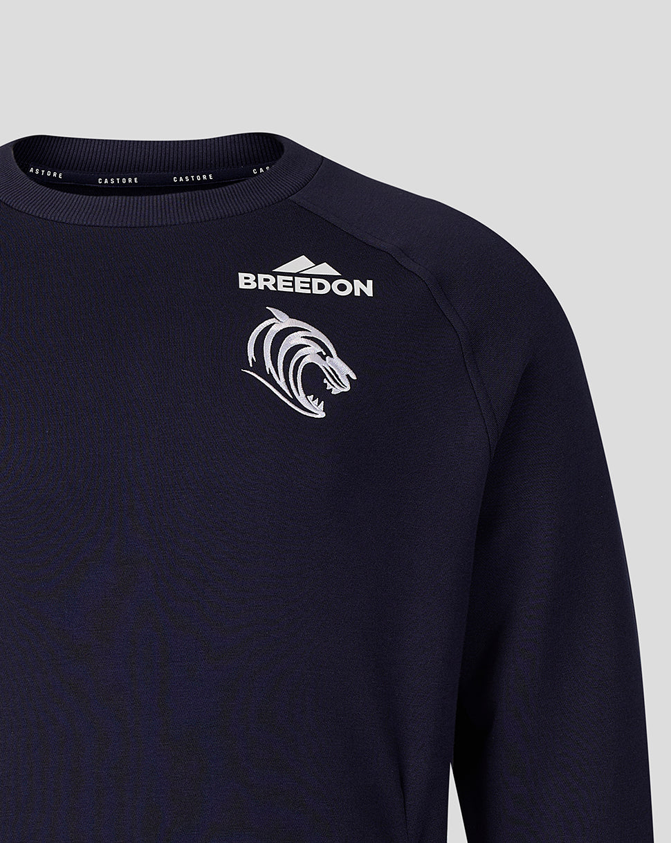 Navy Leicester Tigers Adapt Fleece Travel Sweatshirt chest logo with Breedon and tiger crest