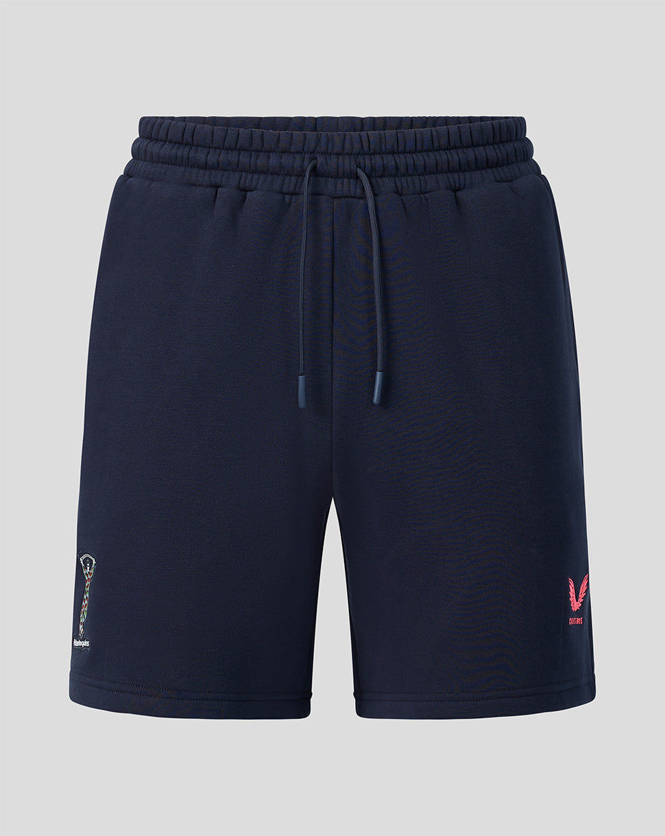 Front view of navy Harlequins 2026/27 Travel Shorts with elastic waistband and drawstring