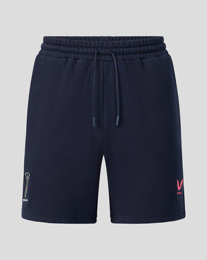 Front view of navy Harlequins 2026/27 Travel Shorts with elastic waistband and drawstring