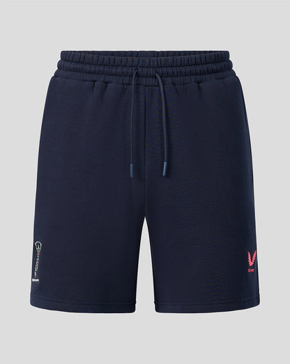 Front view of navy Harlequins 2026/27 Travel Shorts with elastic waistband and drawstring