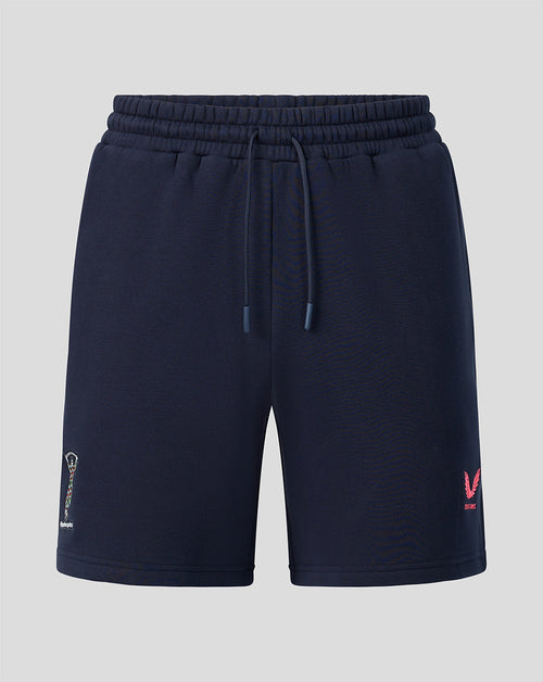 Front view of navy Harlequins 2026/27 Travel Shorts with elastic waistband and drawstring