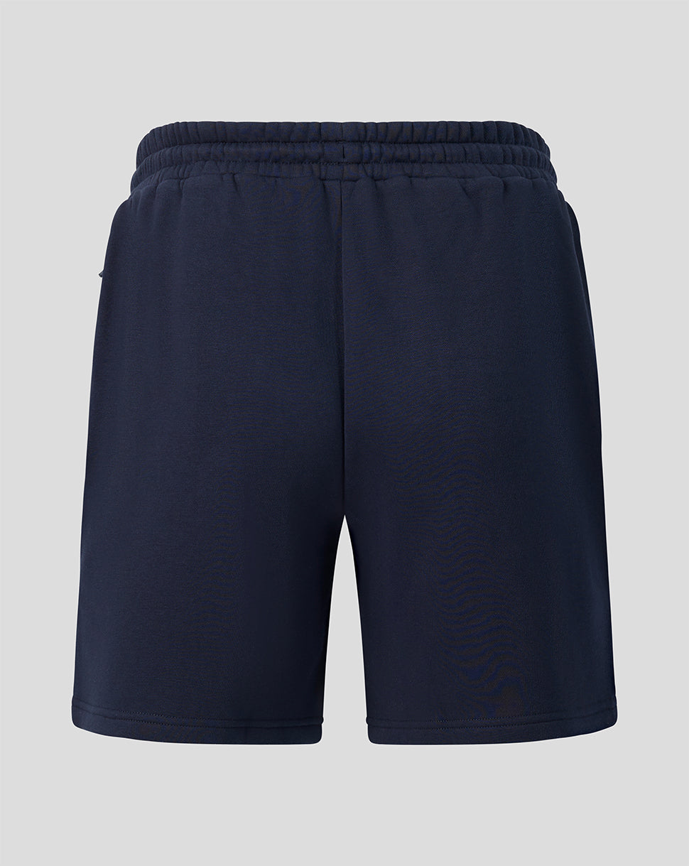 Back view of navy Harlequins Travel Shorts with gathered waistband