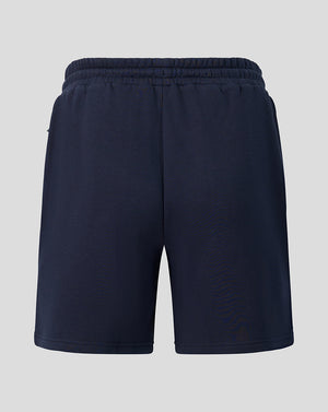 Back view of navy Harlequins Travel Shorts with gathered waistband