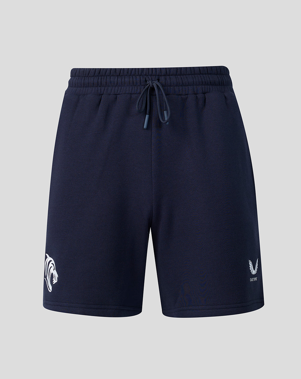Front view of navy Leicester Tigers travel shorts with a drawstring waistband and white logo at the hem.