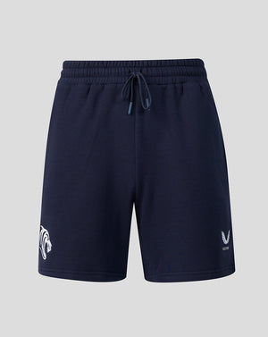 Front view of navy Leicester Tigers travel shorts with a drawstring waistband and white logo at the hem.