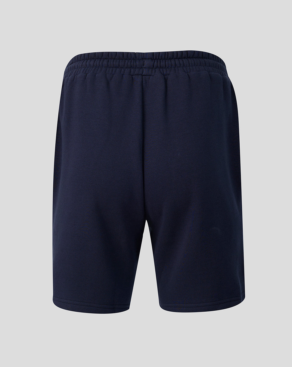 Back view of navy Leicester Tigers travel shorts with an elastic waistband.
