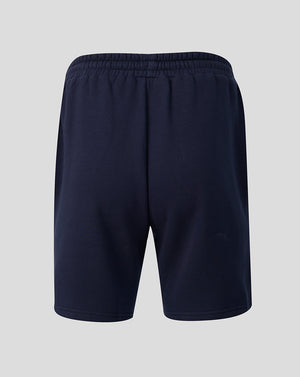 Back view of navy Leicester Tigers travel shorts with an elastic waistband.