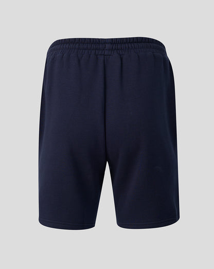 Back view of navy Leicester Tigers travel shorts with an elastic waistband.