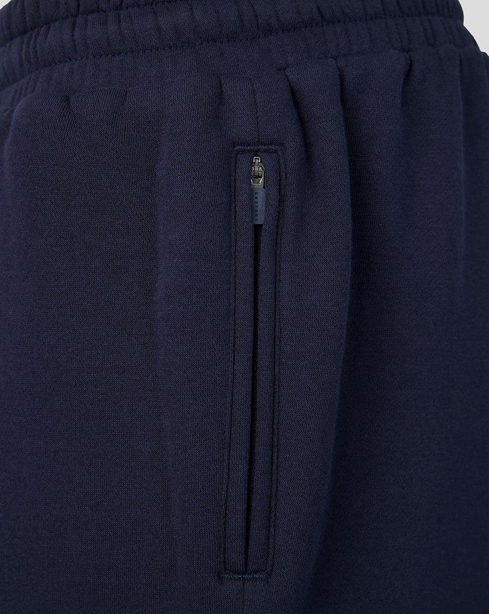 Navy shorts side zip pocket with vertical zipper and Castore pull