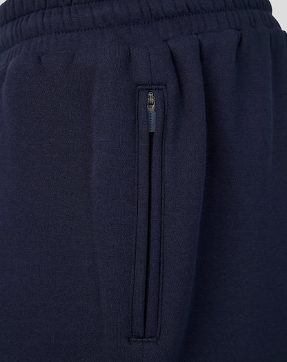 Navy shorts side zip pocket with vertical zipper and Castore pull